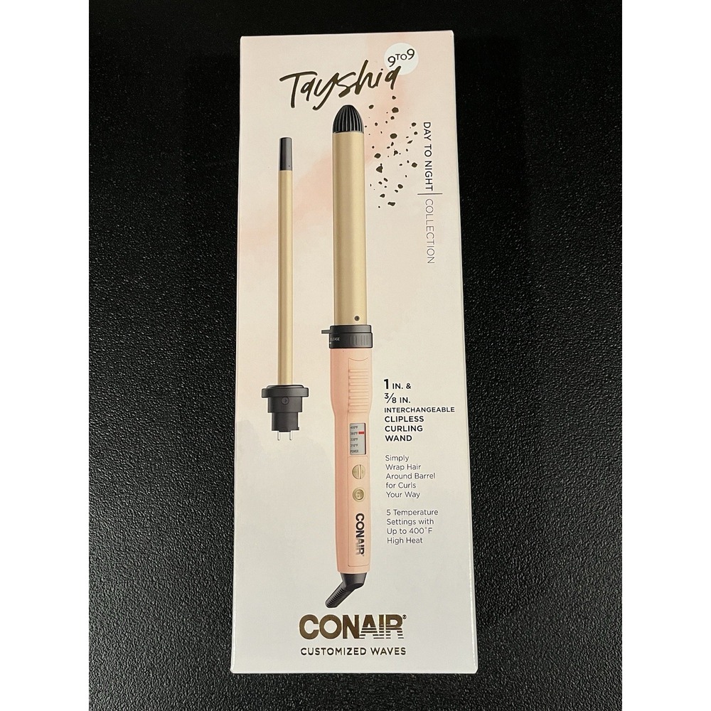 Conair Tayshia 9 to 9 Curling Wand Set 1in & 3/8in 5 Heat Auto Off 400F Gold